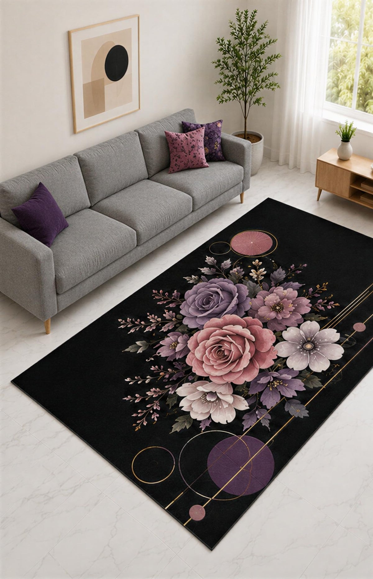 ICE ARMOR "Ultra Lightweight Large 6'7" x 9'10" Black and Plum Rose Medallion Area Rug for Living Room, Bedroom and Home Office, Soft Low Pile Carpet with Non-Slip Silicone Backing