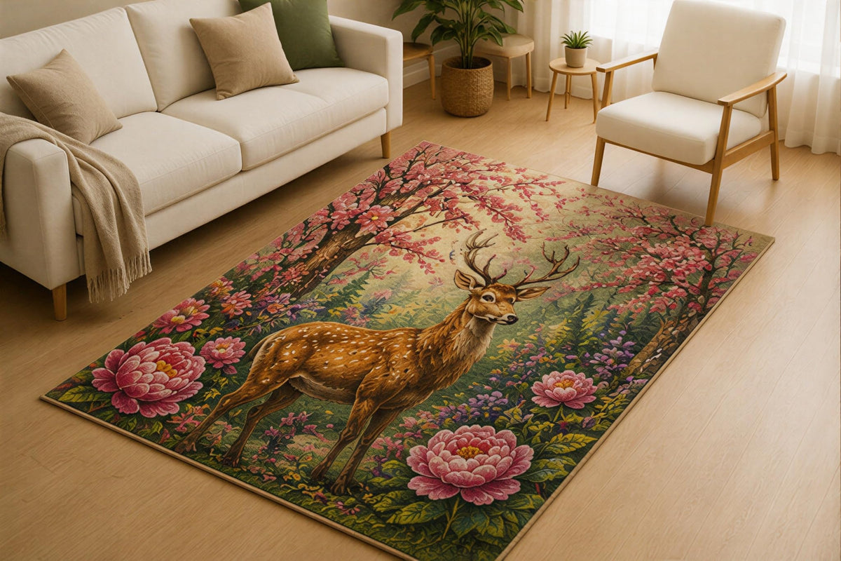 ICE ARMOR 5' x 7' Deer Cherry Blossom Area Rug for Living Room, Soft Low Pile Indoor Rug with Non-Slip Silicone Backing, Woodland Floral Carpet for Bedroom, Office, Family Room, Pink Green