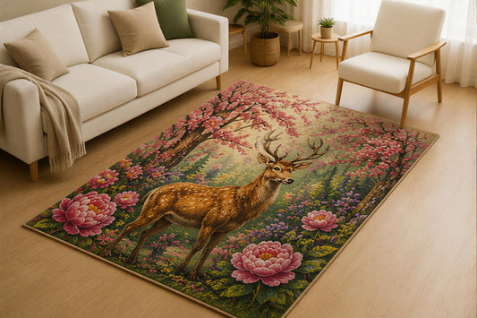 ICE ARMOR 5' x 7' Deer Cherry Blossom Area Rug for Living Room, Soft Low Pile Indoor Rug with Non-Slip Silicone Backing, Woodland Floral Carpet for Bedroom, Office, Family Room, Pink Green