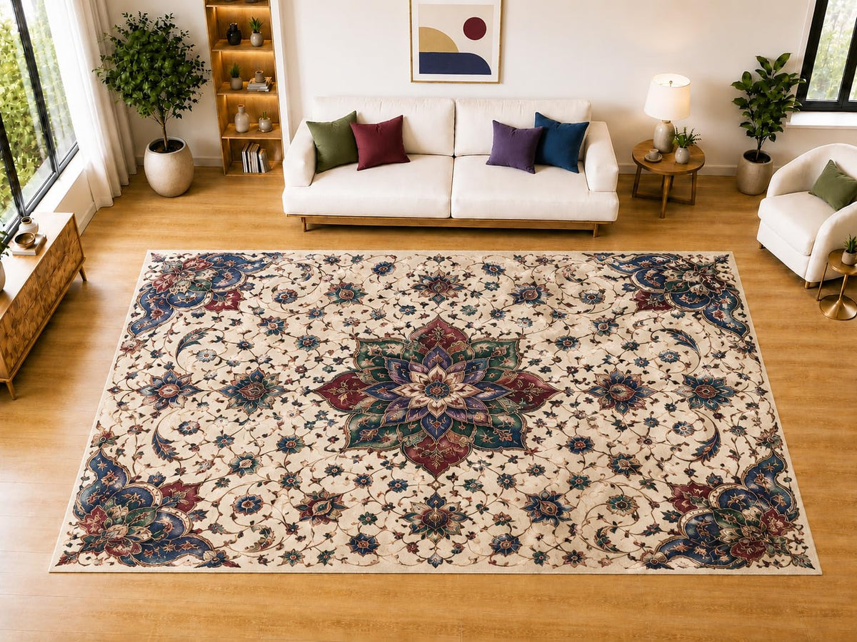ICE ARMOR "Ultra Light Weight Large 6'7" x 9'10" Jewel Tone Floral Lattice Area Rug for Living Room, Bedroom, Dining Room, Soft Low Pile Non-Slip Backing, Navy Burgundy Green