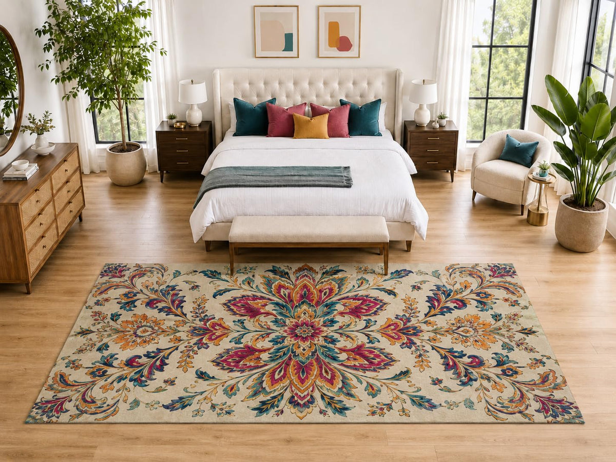 ICE ARMOR "Ultra Light Weight Large 6'7" x 9'10" Boho Floral Medallion Rug, Soft Low Pile Indoor Rug, Non-Slip Silicone Backing for Bedroom Beige