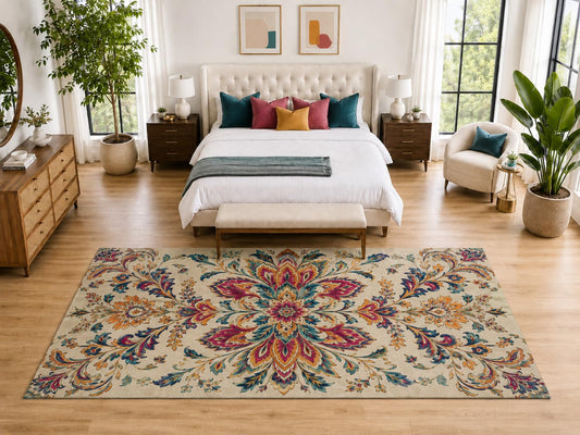 ICE ARMOR "Ultra Light Weight Large 6'7" x 9'10" Boho Floral Medallion Rug, Soft Low Pile Indoor Rug, Non-Slip Silicone Backing for Bedroom Beige