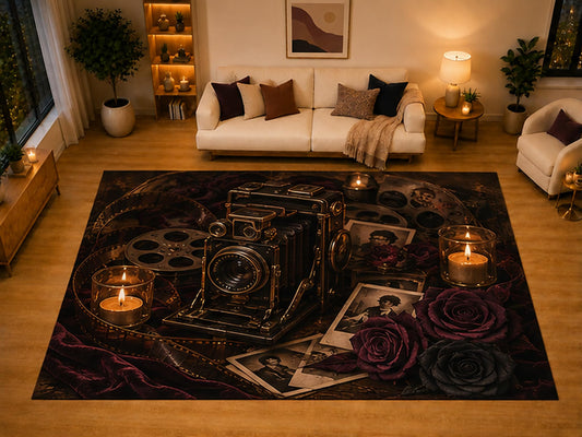 ICE ARMOR "Ultra Light Weight Large 6'7" x 9'10" Vintage Camera Gothic Area Rug for Living Room Bedroom Dining Area, Soft Low Pile Non-Slip Backing, Black Burgundy Victorian Photography Decor