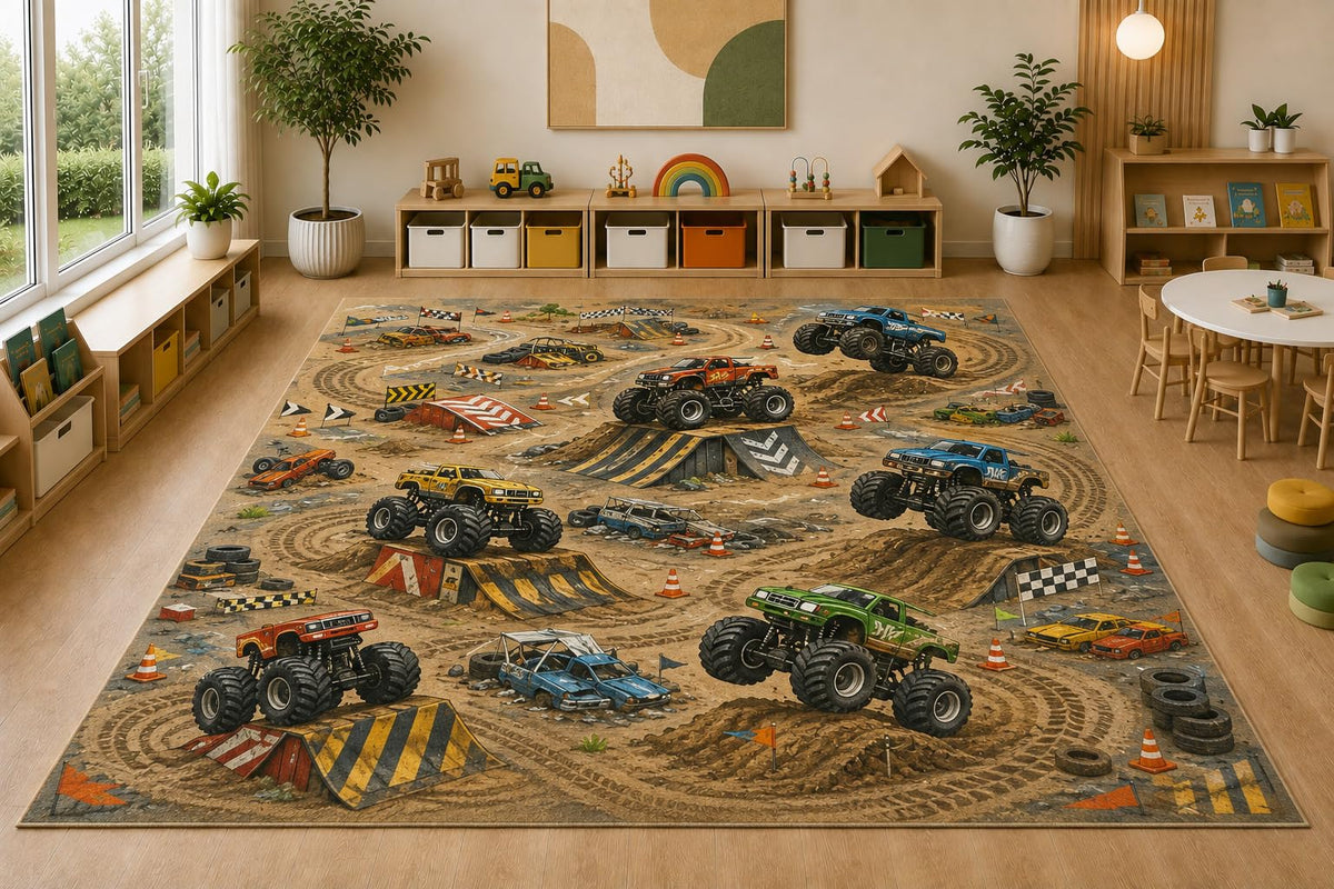 ICE ARMOR Large 6'7" x 9'10" Monster Truck Racing Area Rug, Soft Low Pile Indoor Rug with Non-Slip Silicone Backing for Kids Room Playroom, Brown