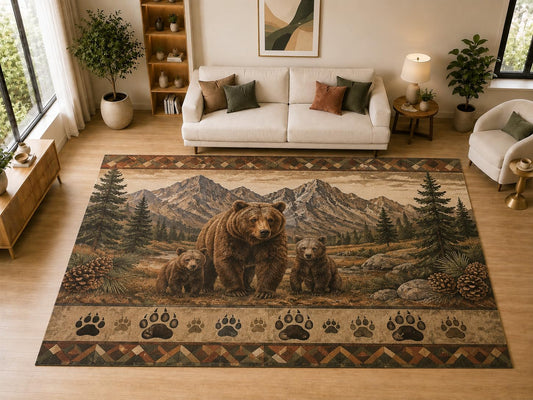 ICE ARMOR "Ultra Light Weight Large 6'7" x 9'10" Bear Family Mountain Decor, Living Room, Bedroom, Dining Room, Office, Family Room, Soft Low Pile Indoor Rug, Non-Slip Silicone Backing, Brown