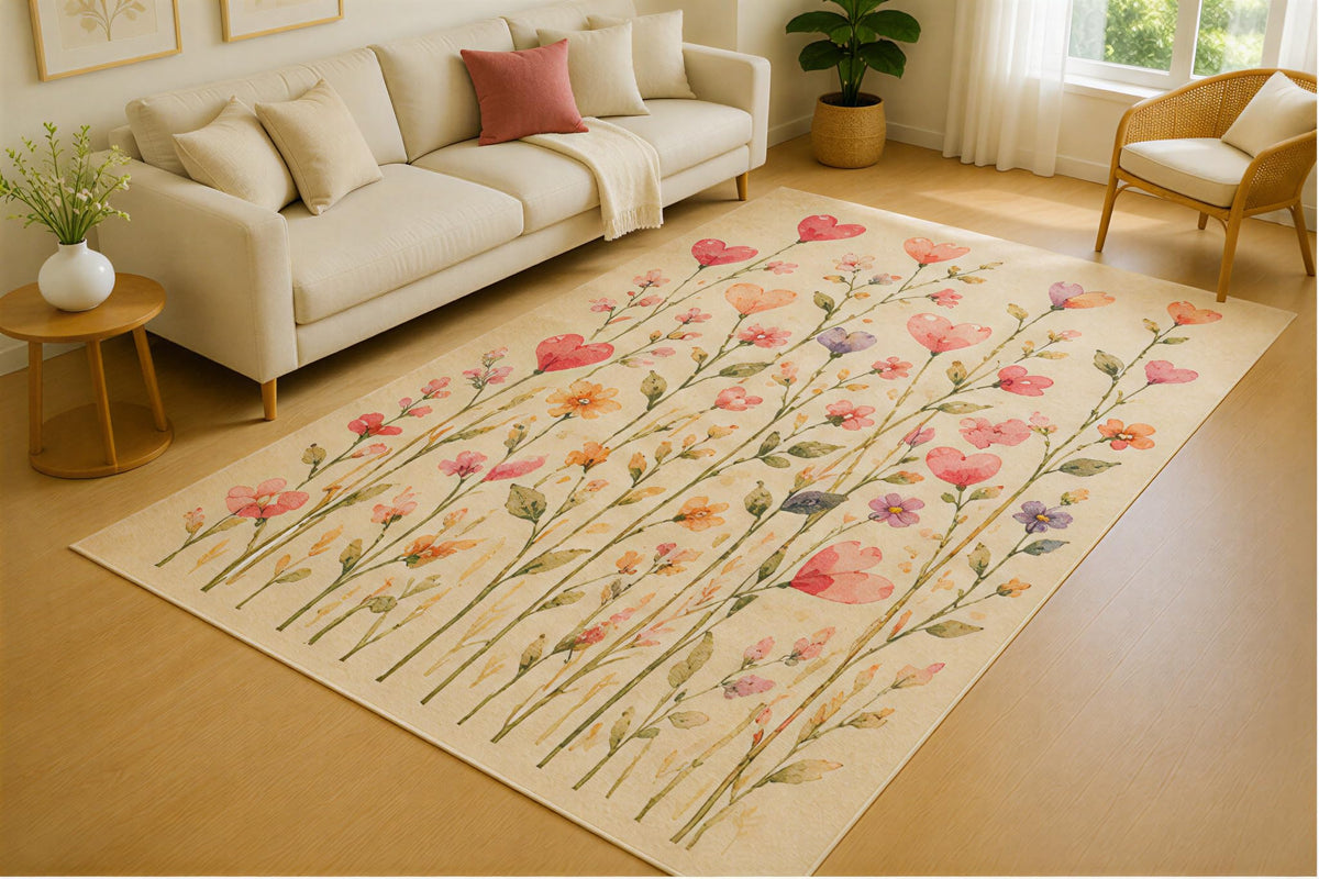 ICE ARMOR 5' x 7' Heart Wildflower Stem Area Rug for Living Room, Soft Low Pile Indoor Rug with Non-Slip Silicone Backing, Botanical Carpet for Bedroom, Family Room, Nursery, Kids & Pets, Cream Pink