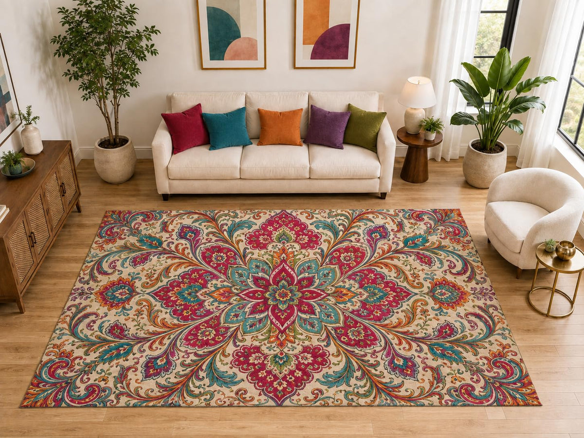 ICE ARMOR "Ultra Light Weight Large 6'7" x 9'10" Boho Paisley Medallion Rug, Soft Low Pile Indoor Rug, Non-Slip Silicone Backing for Bedroom Beige