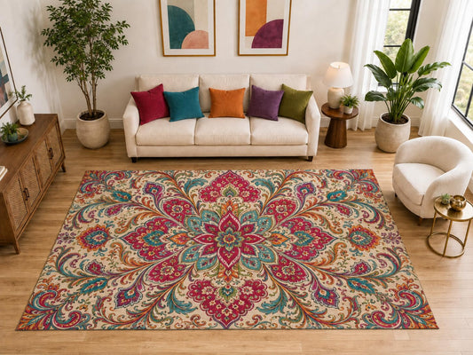ICE ARMOR "Ultra Light Weight Large 6'7" x 9'10" Boho Paisley Medallion Rug, Soft Low Pile Indoor Rug, Non-Slip Silicone Backing for Bedroom Beige