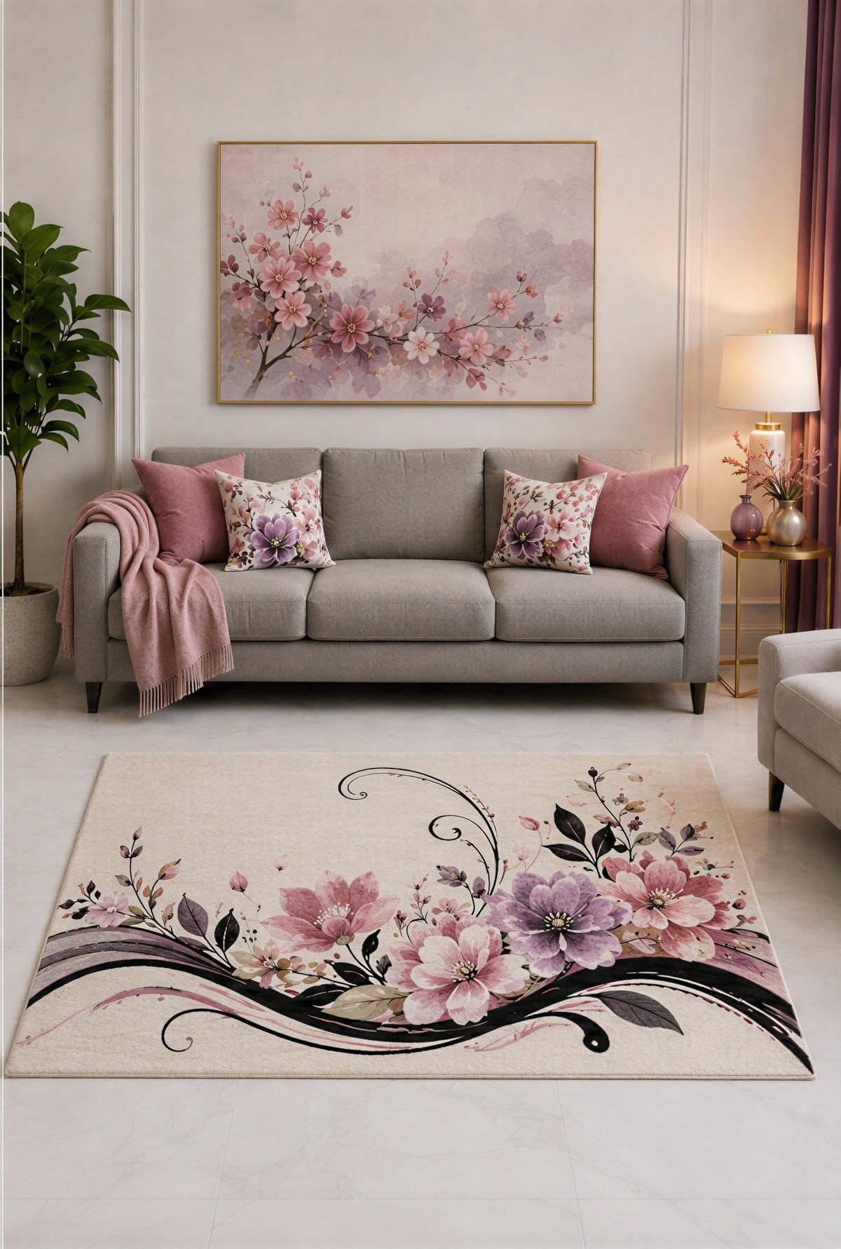 ICE ARMOR "Ultra Lightweight 5' x 7' Pink and Lavender Floral Vine Wave Area Rug for Living Room, Bedroom and Home Office, Soft Low Pile Carpet with Non-Slip Silicone Backing