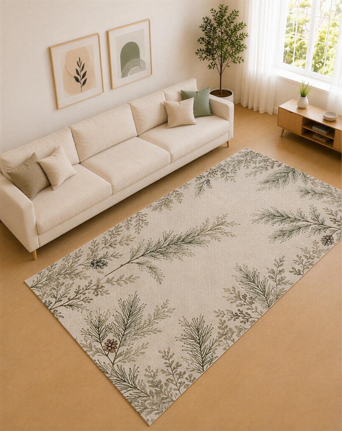 ICE ARMOR Large 6'7" x 9'10" Olive Green and Beige Pine Canopy Area Rug for Living Room, Soft Low Pile Carpet with Non-Slip Silicone Backing, Decor for Bedroom and Home Office