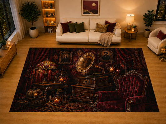 ICE ARMOR "Ultra Light Weight Large 6'7" x 9'10" Victorian Gramophone Gothic Area Rug for Living Room Bedroom Dining Area, Soft Low Pile Non-Slip Backing, Burgundy Black Vintage Music Decor