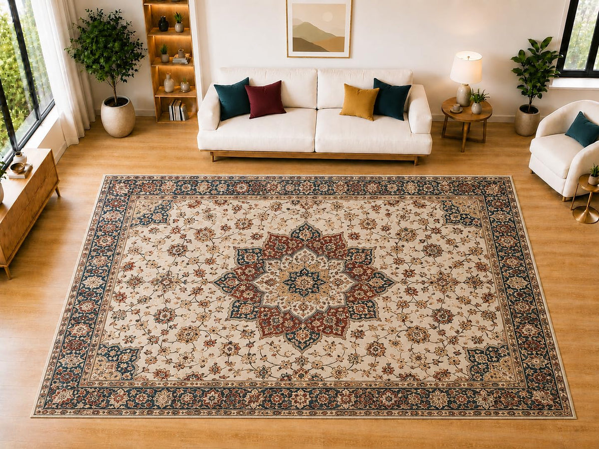 ICE ARMOR "Ultra Light Weight Large 6'7" x 9'10" Heritage Star Medallion Area Rug for Living Room, Bedroom, Dining Room, Soft Low Pile Non-Slip Backing, Cream Teal Rust