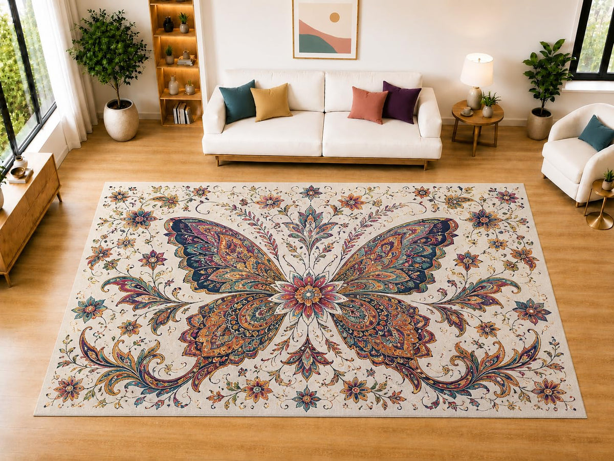 ICE ARMOR "Ultra Light Weight Large 6'7" x 9'10" Ornate Butterfly Botanical Area Rug for Living Room, Bedroom, Dining Room, Soft Low Pile Non-Slip Backing, Navy Rust Teal