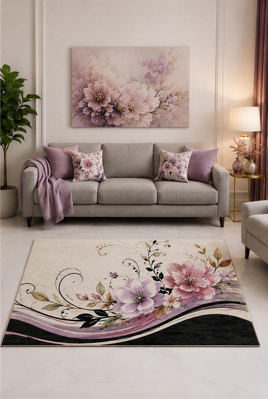 ICE ARMOR "Ultra Lightweight 5' x 7' Lavender and Blush Flower Crest Wave Area Rug for Living Room, Bedroom and Home Office, Soft Low Pile Carpet with Non-Slip Silicone Backing