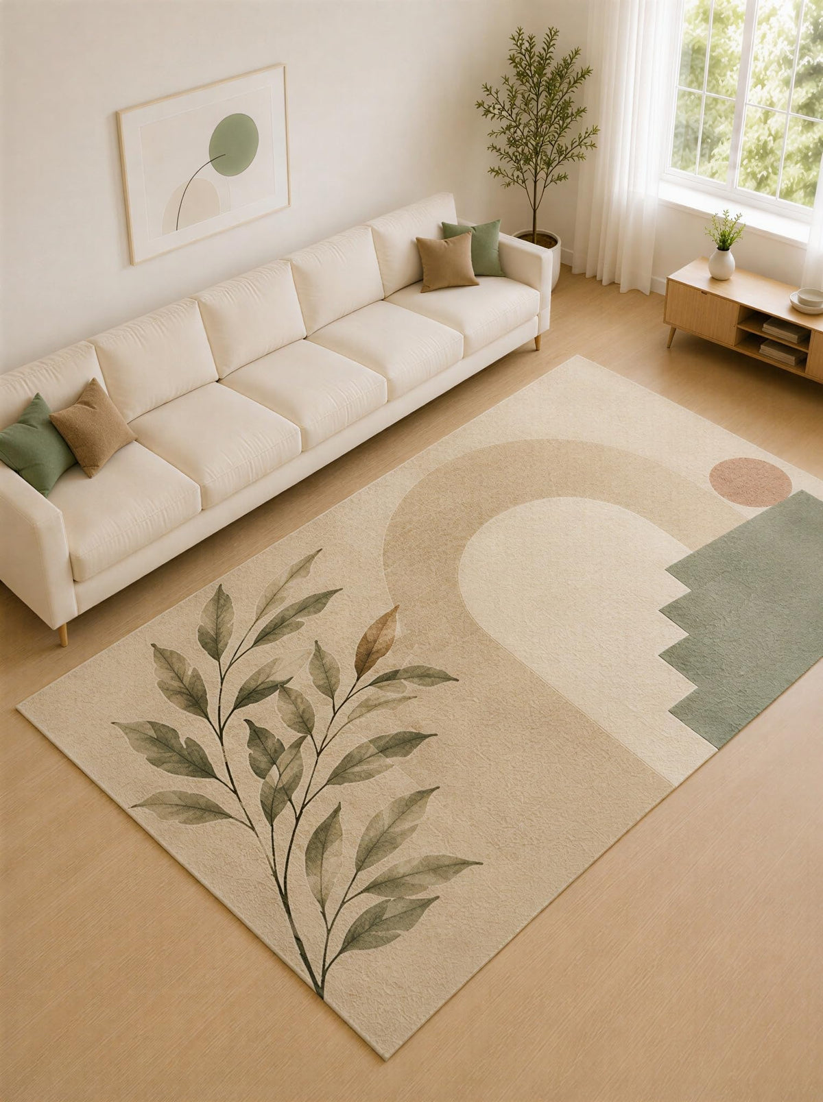 ICE ARMOR Large 6'7" x 9'10" Moss Green and Beige Modern Curves Area Rug for Living Room, Soft Low Pile Carpet with Non-Slip Silicone Backing, Decor for Bedroom and Home Office