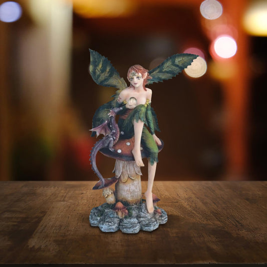 ICE ARMOR 9" H Green Fairy with Purple Baby Dragon Sitting on Mushroom Statue Fantasy Decoration Figurine