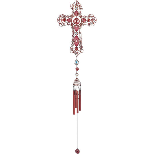 ICE ARMOR 38" Long Pink Cross Wind Chime with Copper Gem