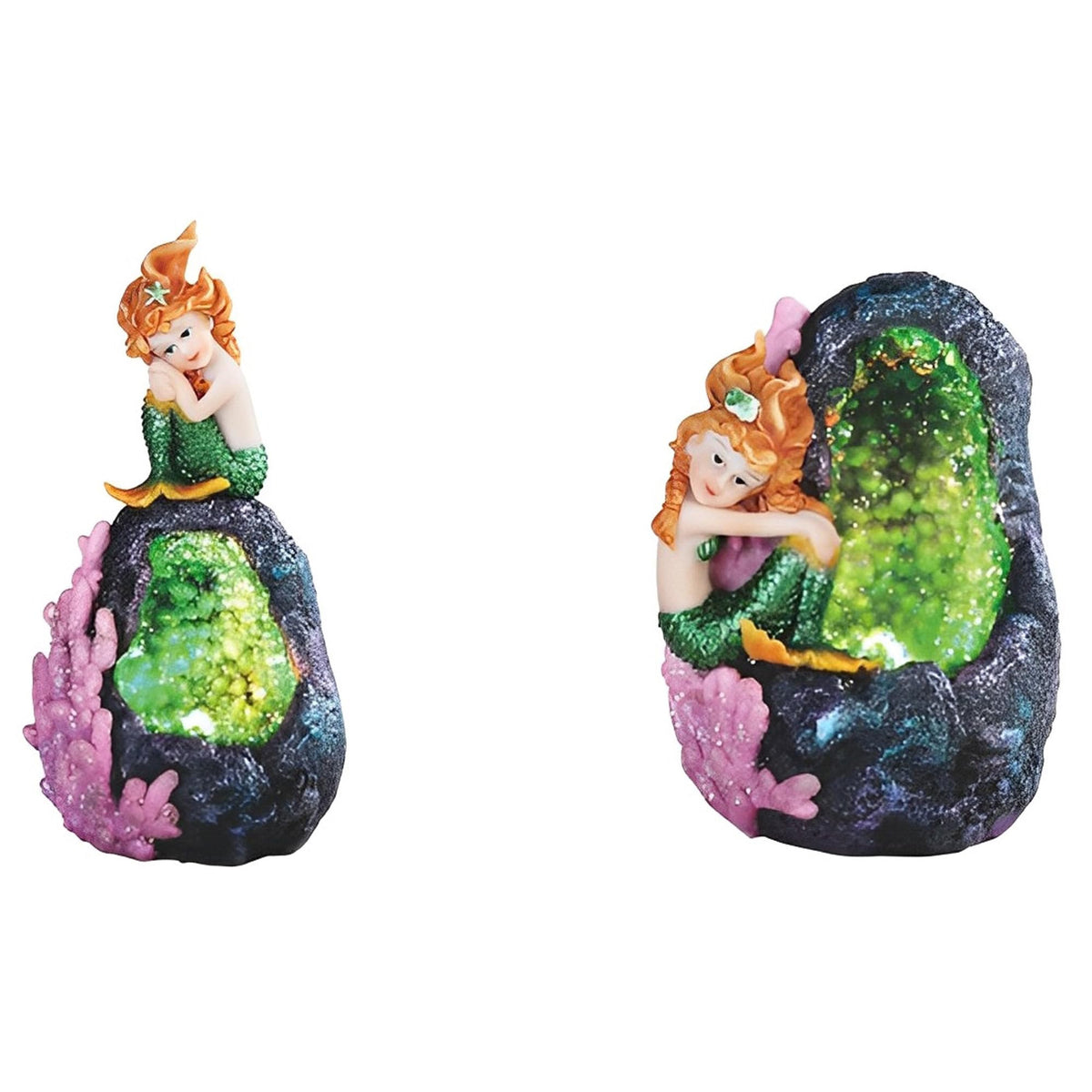 ICE ARMOR 2-PC Green Mermaid with LED Faux Green Faux Crystal Cave Rock Geode 3"-5" H Statue Fantasy Night Light Decoration Figurine