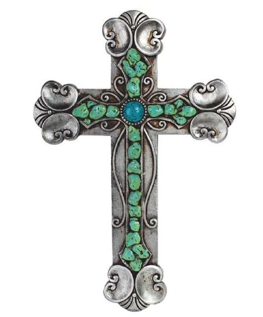 ICE ARMOR 13"H Decorative Wall Plaque Cross with Green Gem Religious Statue Wall Decoration Holy Figurine