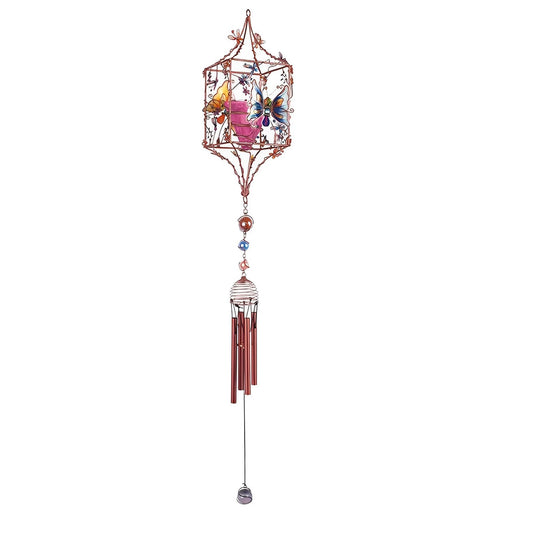 ICE ARMOR 33" Long Butterfly Copper and Gem Wind Chime with Candle Holder Garden Ornament Decoration Figurine
