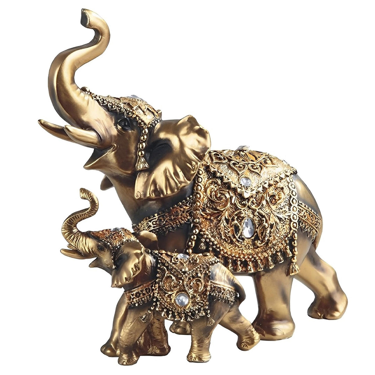 ICE ARMOR 9.25" W Gold Thai Elephant and Cub with Trunk Up Statue Feng Shui Decoration Religious Figurine