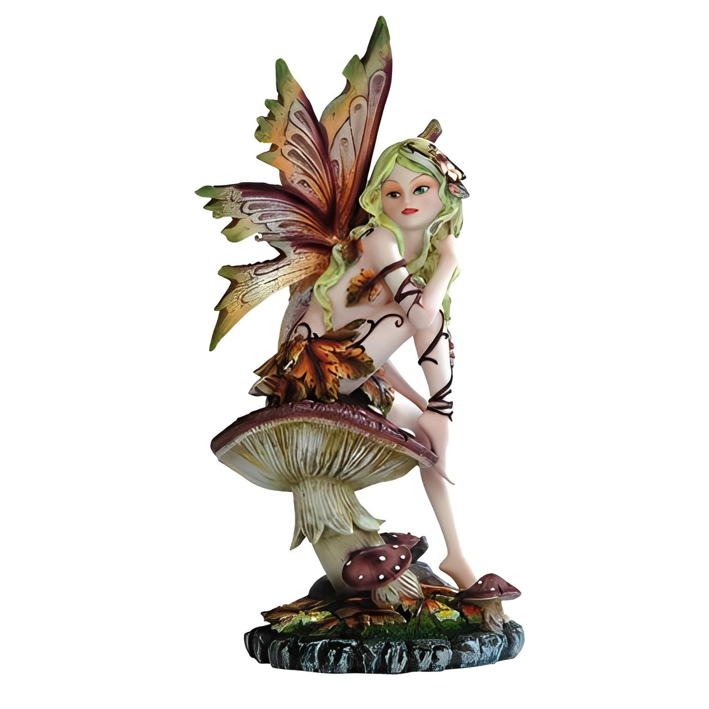 ICE ARMOR 8" H Brown Butterfly Wings Autumn Fairy Sitting on Mushroom Statue Fantasy Decoration Figurine