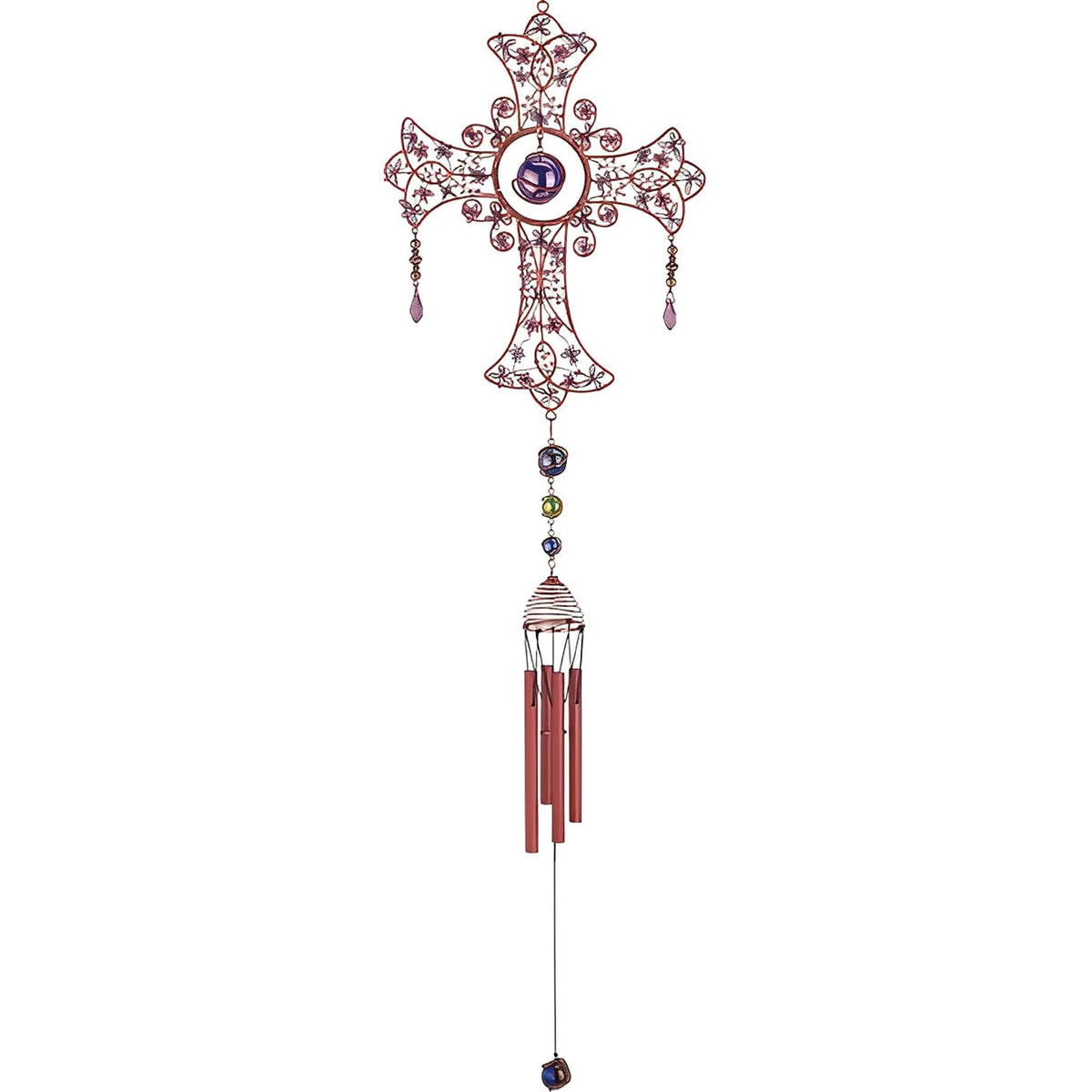 ICE ARMOR 33" Long Blue Cross Wind Chime with Copper Gem