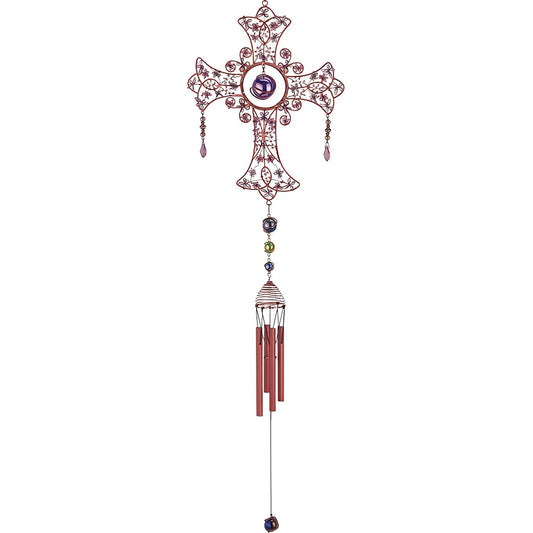 ICE ARMOR 33" Long Blue Cross Wind Chime with Copper Gem