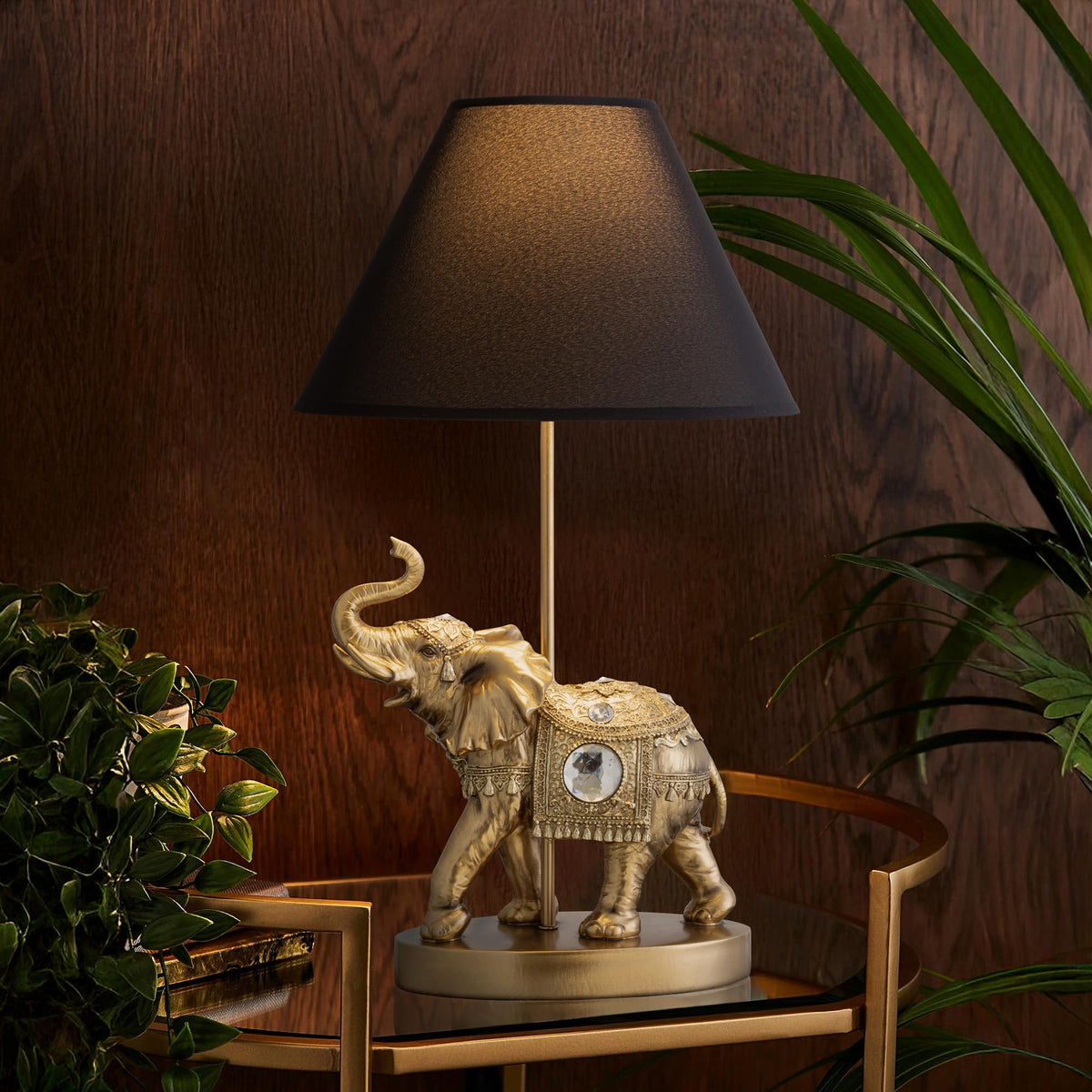 ICE ARMOR 18.5" Detailed Craftsmanship Golden Elephant Table Lamp - Bedside Light with Fabric Shade, Exotic Decor & Cultural Ambiance