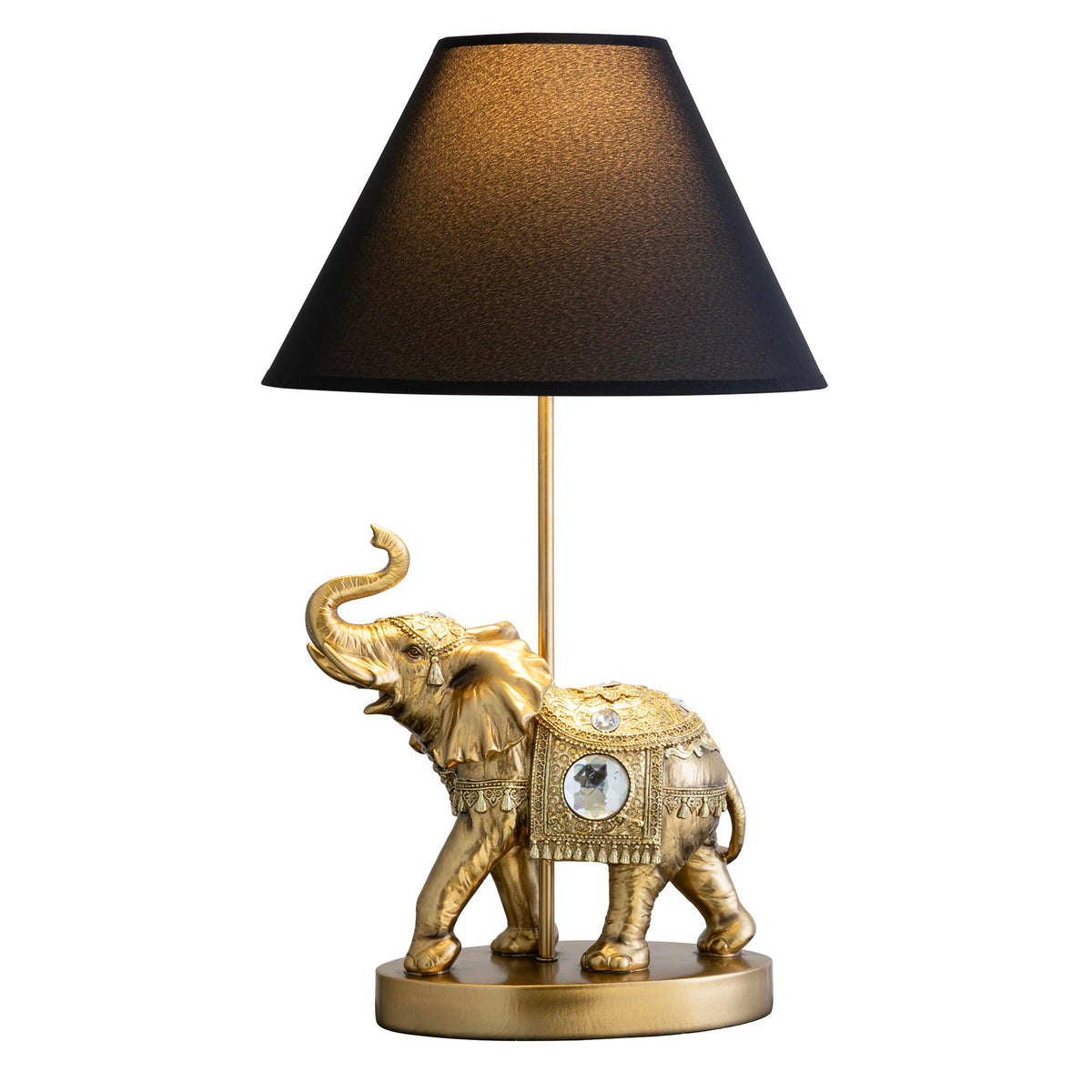 ICE ARMOR 18.5" Detailed Craftsmanship Golden Elephant Table Lamp - Bedside Light with Fabric Shade, Exotic Decor & Cultural Ambiance