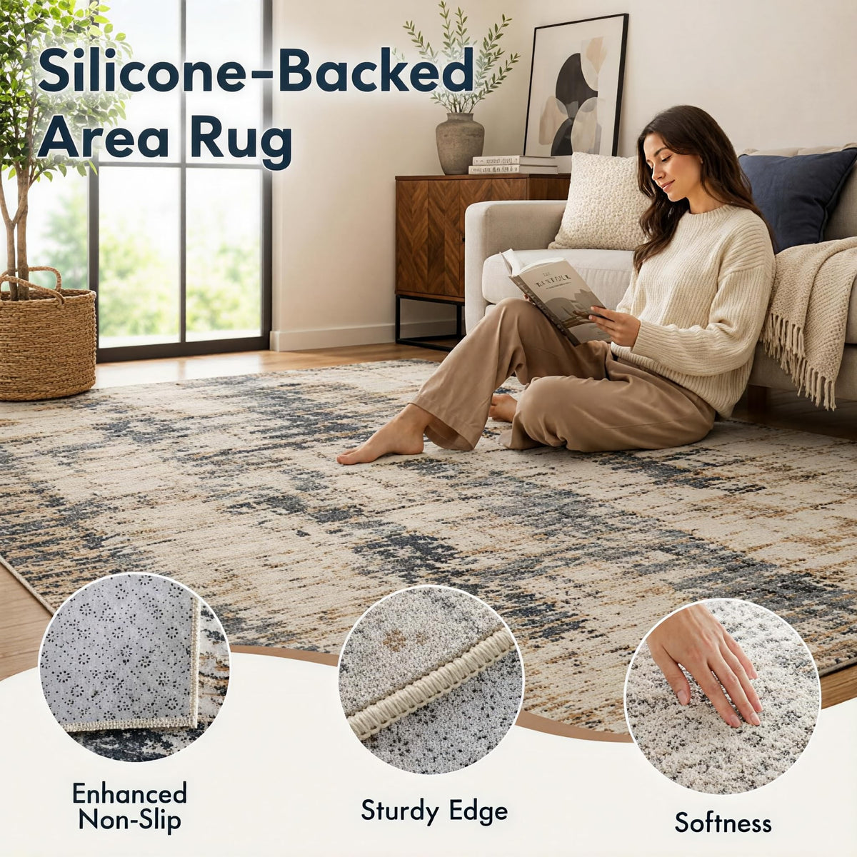 ICE ARMOR 5' x 7' Grazing American Bison Wildflower Area Rug for Living Room, Soft Low Pile Indoor Rug with Non-Slip Silicone Backing, Prairie Wildlife Decor for Bedroom, Office, Family Room, Brown