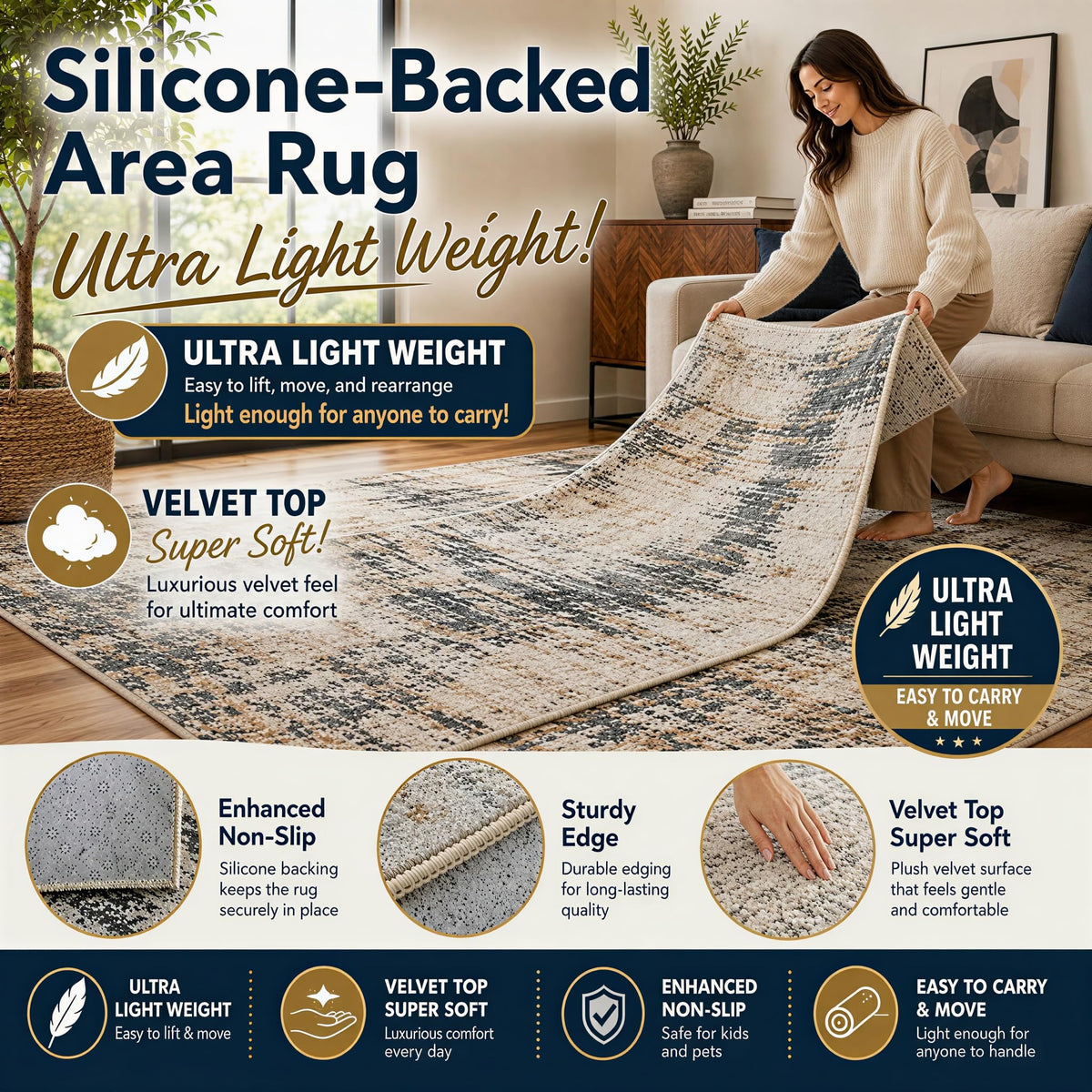 ICE ARMOR "Ultra Light Weight Large 6'7" x 9'10" Dolphin Reef, Living Room, Bedroom, Dining Room, Office, Family Room, Soft Low Pile Indoor Rug, Non-Slip Silicone Backing, Blue