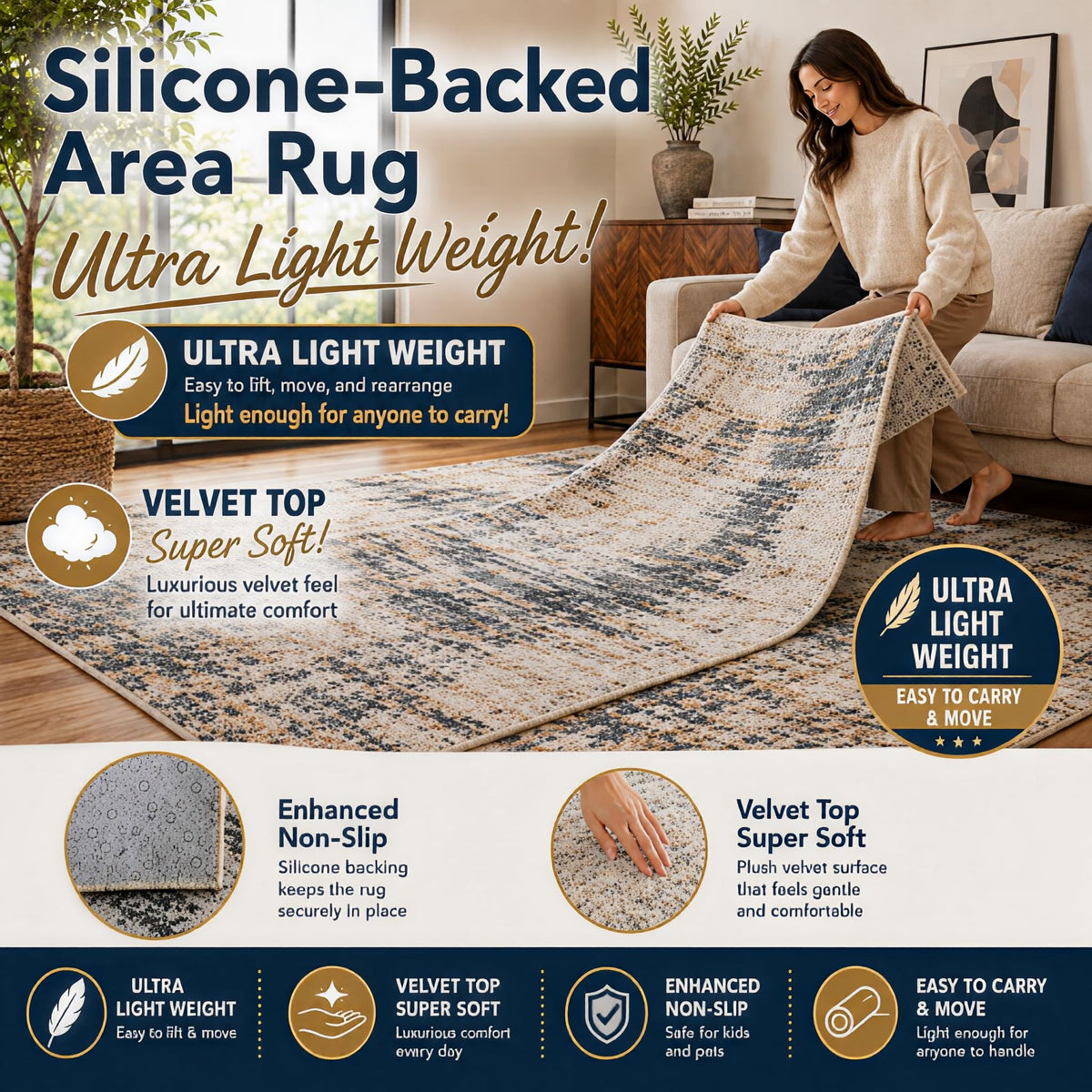 ICE ARMOR "Ultra Light Weight Large 6'7" x 9'10" Jewel Lotus Vine Area Rug for Living Room, Bedroom, Dining Room, Soft Low Pile Non-Slip Backing, Navy Burgundy Teal
