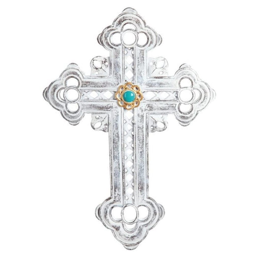 ICE ARMOR 13.5"H Silver Cross Wall Plaque with Turquoise Stone Holy Religious Decoration