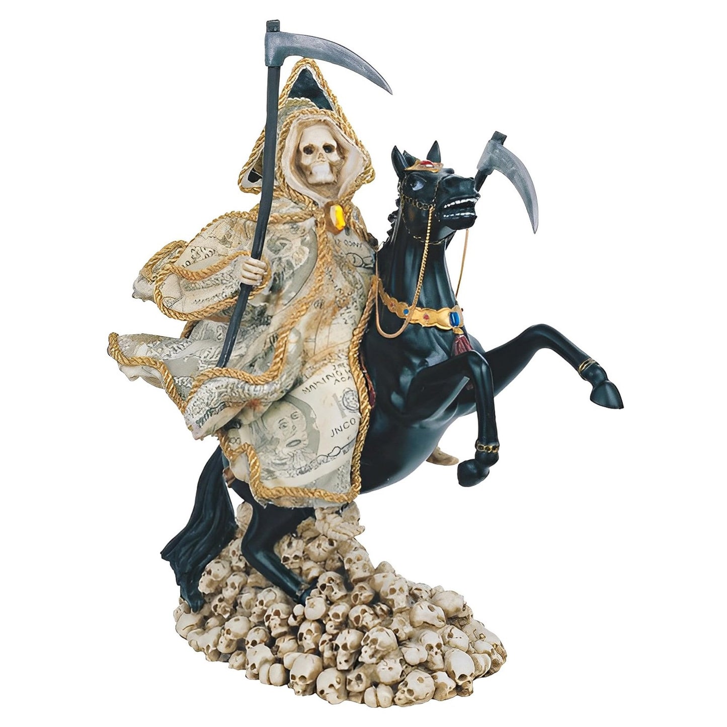 ICE ARMOR 13" H Santa Muerte with Money Robe Riding Black Horse Statue Our Lady of The Holy Death Holy Figurine Religious Decoration