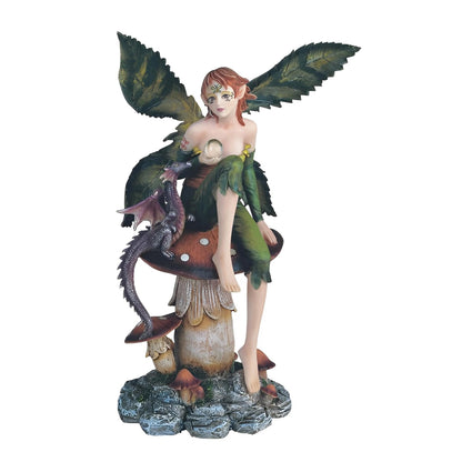 ICE ARMOR 9" H Green Fairy with Purple Baby Dragon Sitting on Mushroom Statue Fantasy Decoration Figurine
