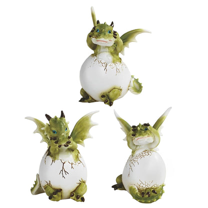 ICE ARMOR 3-PC Hear-No, See-No, Speak-No Evil Cute Green Dragon Baby Hatchling in Egg 5.5" H Figurine Set