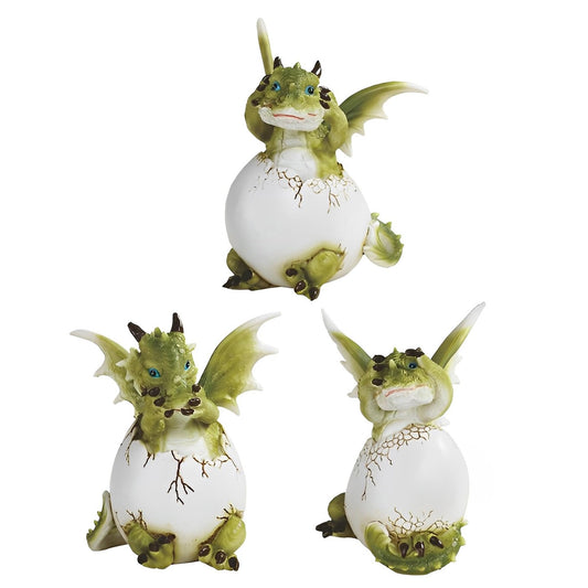 ICE ARMOR 3-PC Hear-No, See-No, Speak-No Evil Cute Green Dragon Baby Hatchling in Egg 5.5" H Figurine Set