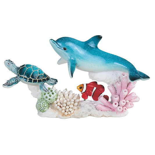 ICE ARMOR 8.75" W Sea Turtle, Dolphin, and Clownfish Swimming Around Coral Together Statue Marine Life Decoration Figurine