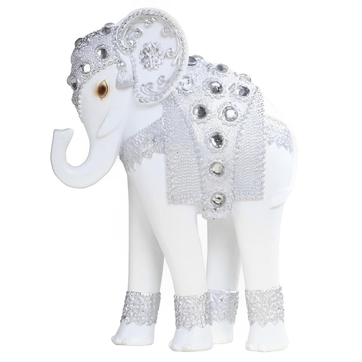 ICE ARMOR 7" H Standing Long Legged Elephant with Decorative Gem Statue Slim Elephant in Silver Feng Shui Decoration Figurine