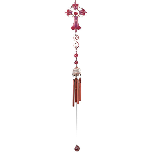 ICE ARMOR 28" Long Pink Cross Wind Chime with Copper Gem