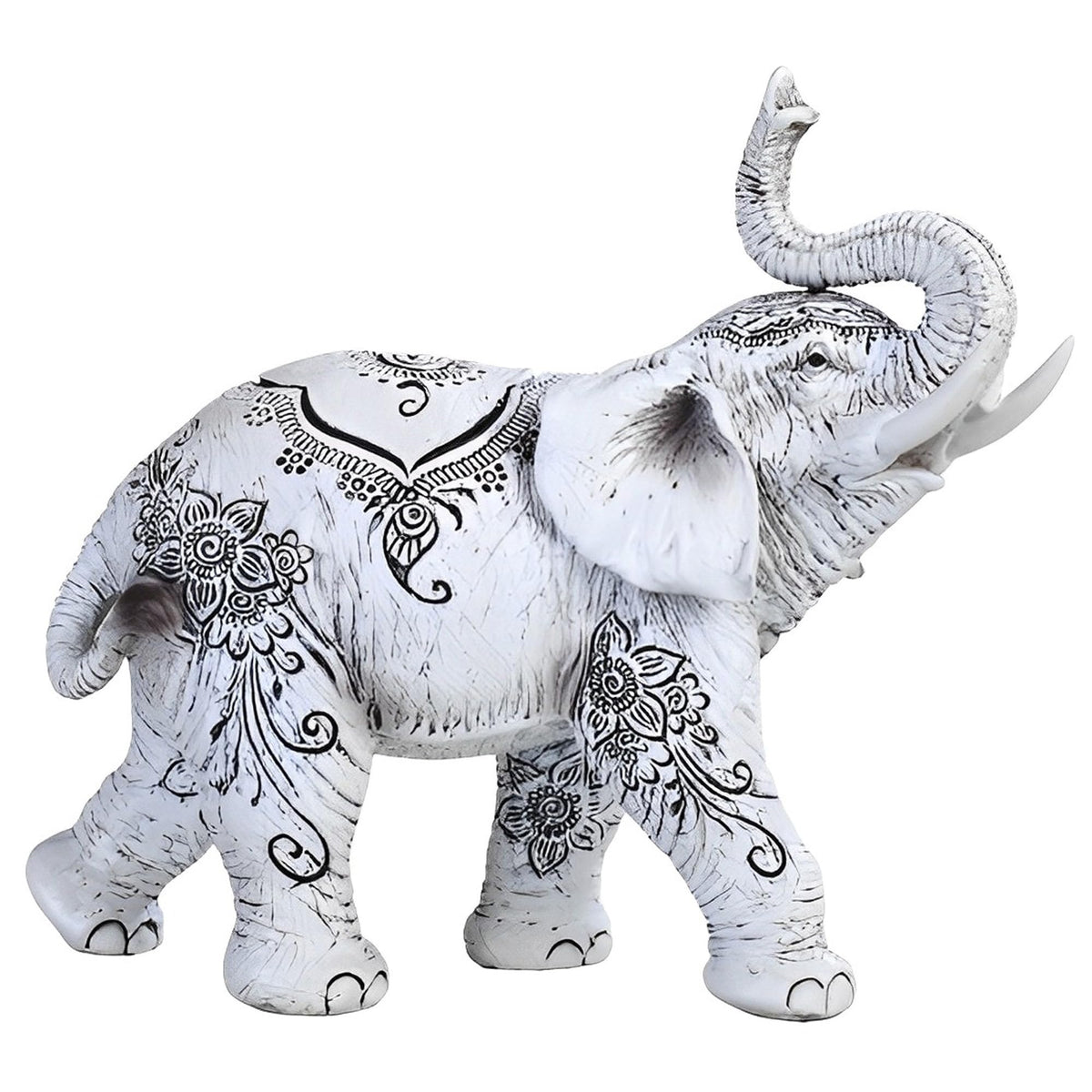ICE ARMOR 7" W Decorative Trunk Up Black and White Thai Elephant Statue Feng Shui Decoration Figurine