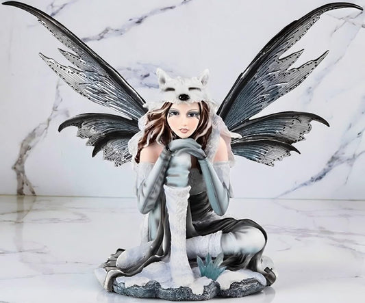 ICE ARMOR 18" W White Fairy Sitting with Wolf Cap Statue Fantasy Decoration Figurine