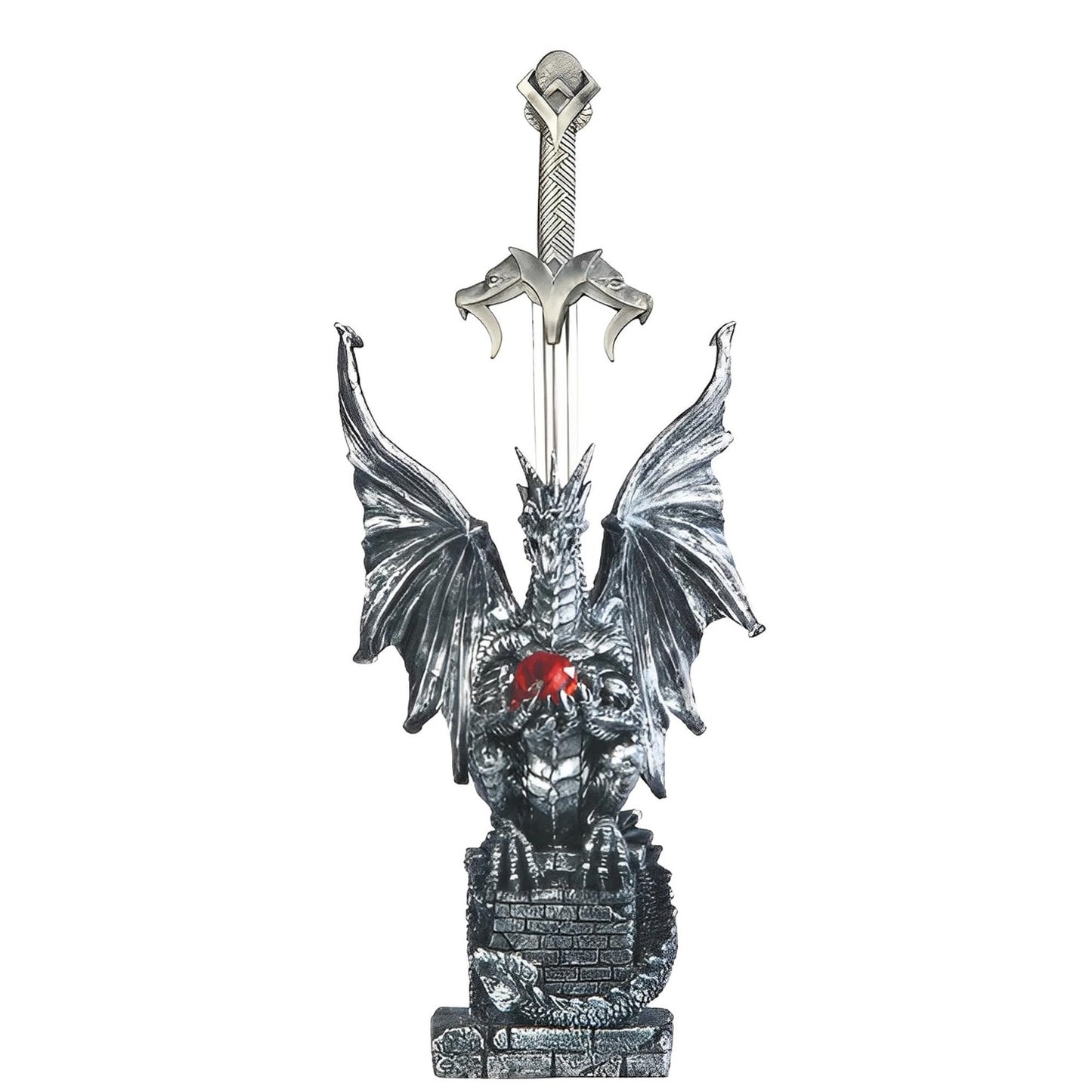 ICE ARMOR 11" H Medieval Silver Dragon on Pedestal with Sword Guardian Statue Fantasy Decoration Figurine
