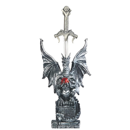 ICE ARMOR 11" H Medieval Silver Dragon on Pedestal with Sword Guardian Statue Fantasy Decoration Figurine
