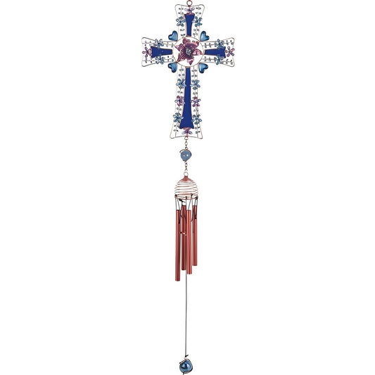 ICE ARMOR 26" Long Blue Cross Wind Chime with Gem