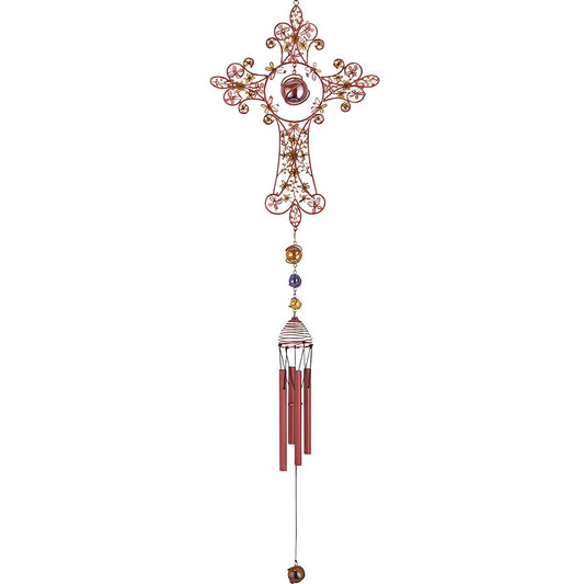 ICE ARMOR 33" Long Yellow Cross Wind Chime with Copper Gem