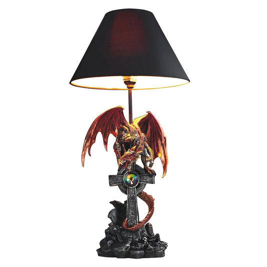 ICE ARMOR 24.5" Fantasy Collectible Dragon Statue Table Lamp Wrap Around Cross with Fabric Light Shade for Gothic and Medieval Décor (71791Red)