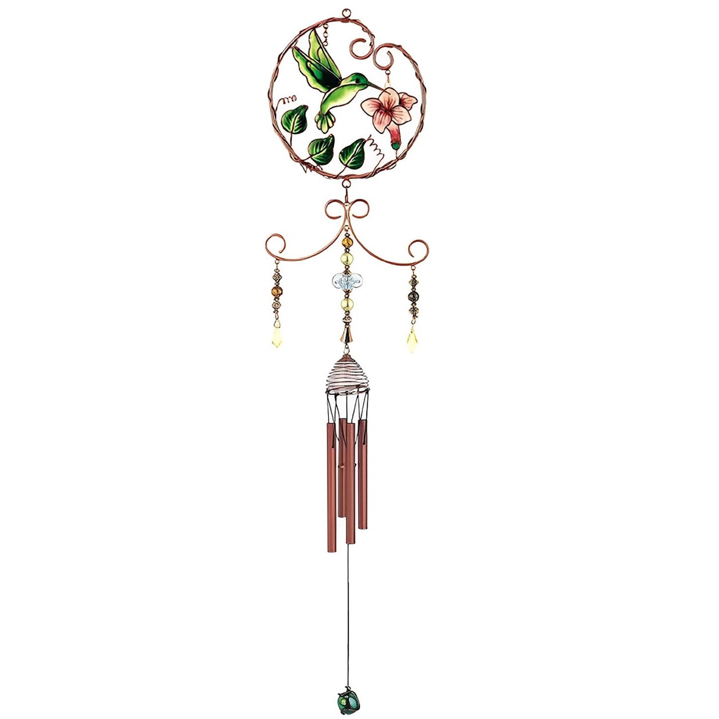 ICE ARMOR 33" Long Green Hummingbird with Pink Flower Copper and Gem Wind Chime Garden Patio Decoration