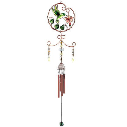 ICE ARMOR 33" Long Green Hummingbird with Pink Flower Copper and Gem Wind Chime Garden Patio Decoration